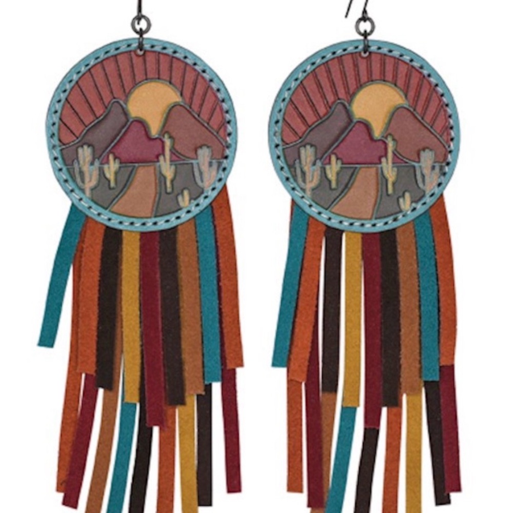 Justin Boots Boho Western Desert Scene Earrings Genuine Leather NWT
